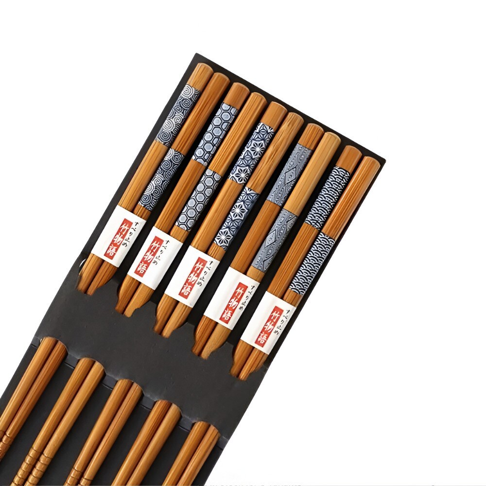 Onetify Reusable Bamboo Japanese Natural Wood Chopsticks 5 Pair Set