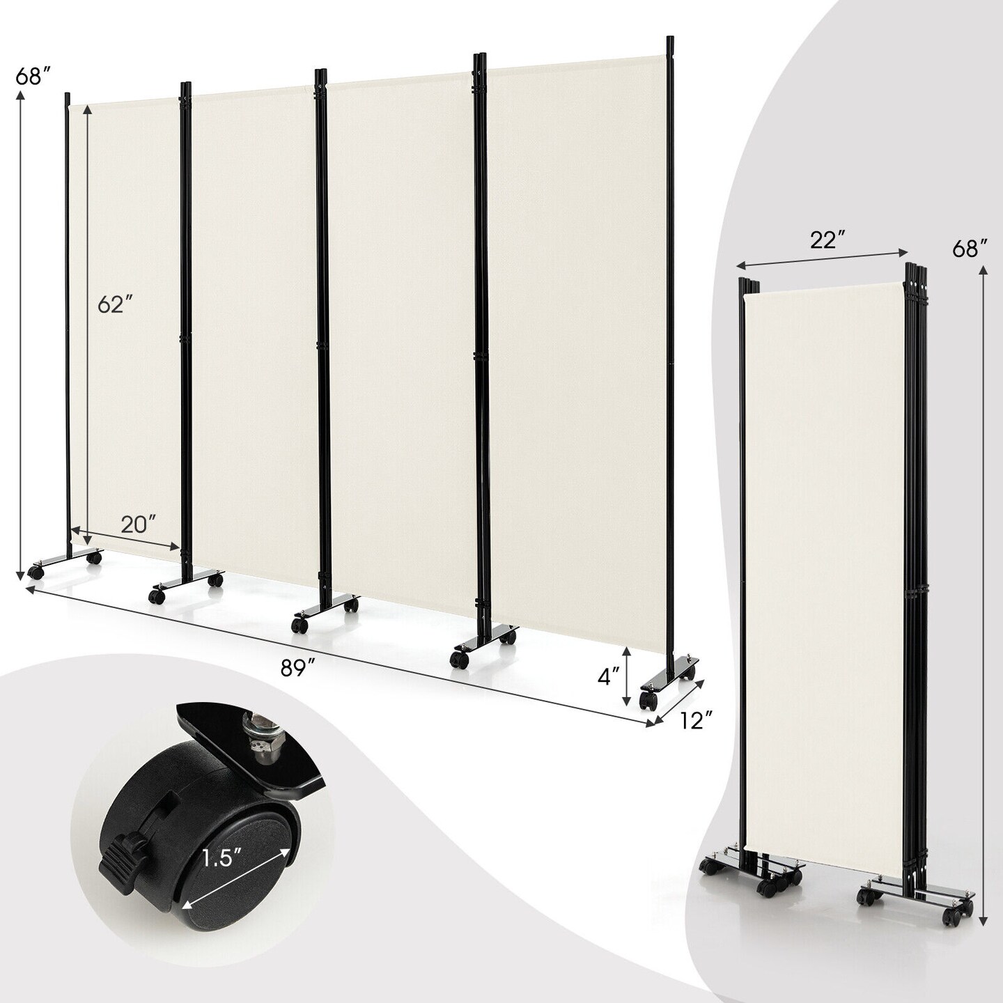 4-Panel Folding Room Divider 6 Feet Rolling Privacy Screen with Lockable Wheels