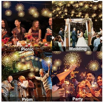 4 Pack Fireworks Lights Starburst Lights 8 Modes 120 LED Battery Operated Chandelier Star Lights with Remote Control, Hanging Ceiling Decor for Bedroom, Yard, Patio, Party and Christmas Decorations