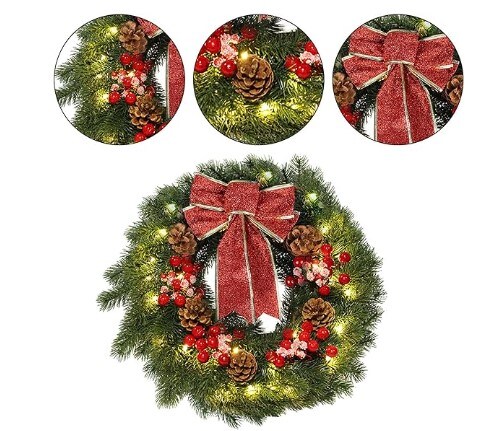 Lighted Christmas Wreath with 40 LED Warm White Lights for Winter Holidays Home Decoration 16 Inches LED Christmas Wreath with Pinecones Red Berries, Red Bowknot