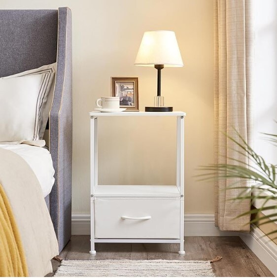 White Leather Nightstand, 24.6&#x27;&#x27; Height Bedside Table End Table for Bedroom Nursery Living Room - Removable Fabric Drawer, Open Storage Shelf, Sturdy Steel Frame, Durable Wood Top