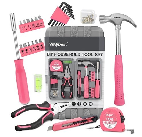 Pink Household DIY Tool Kit for Women (25 Pieces). Small Mini Tool Box Set of Basic Ladies Tools for the Home and Office