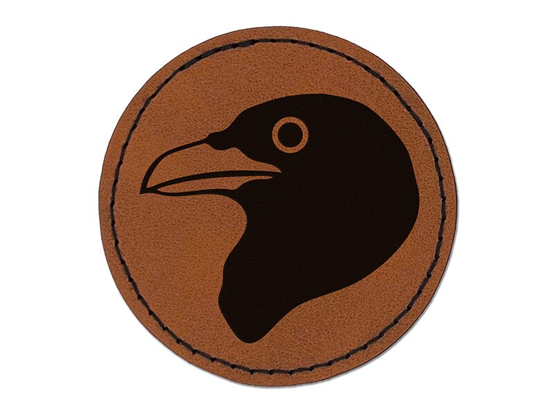 Clever Raven Head Round Iron-On Engraved Faux Leather Patch Applique - 2.5&#x22;