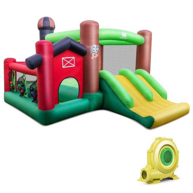 Kids Inflatable Bounce House With Double Slides Basketball Hoop Outdoor Play