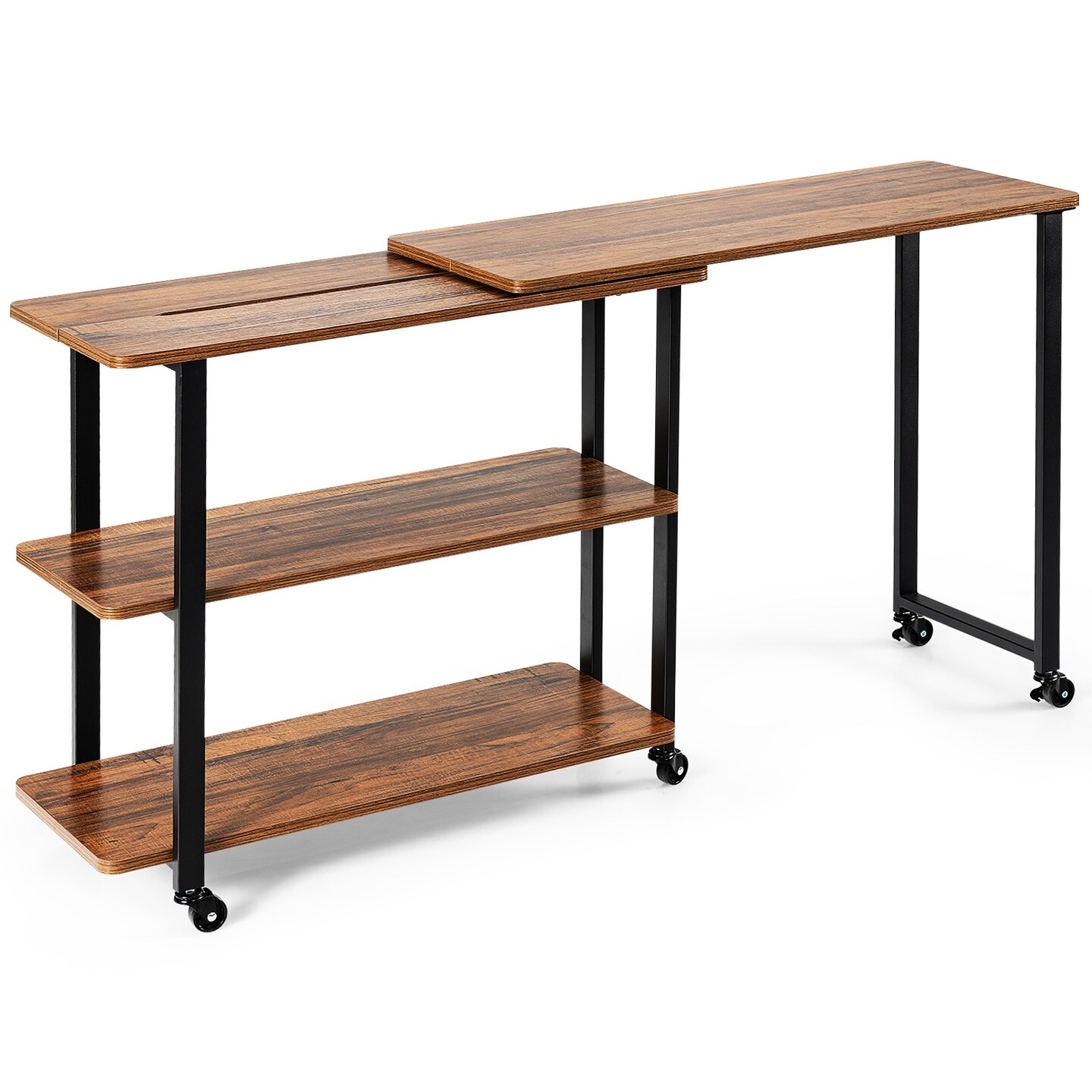 Rotating Sofa Side Table with Wheels Sliding Laptop Desk with Storage Shelves for Small Spaces