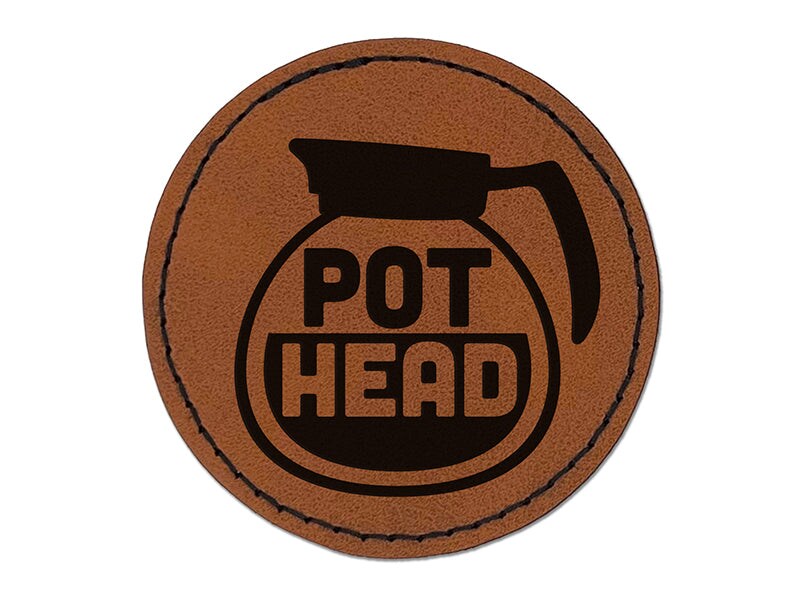 Pot Head Coffee Round Iron-On Engraved Faux Leather Patch Applique - 2.5&#x22;
