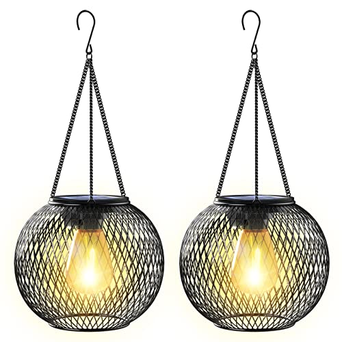 2 Pack Solar Lantern Outdoor, Hanging Solar Lights Outdoor Garden Christmas Decorations Decorative Lighting Solar Powered Waterproof Tree Lantern for Garden Yard Patio Pathway,