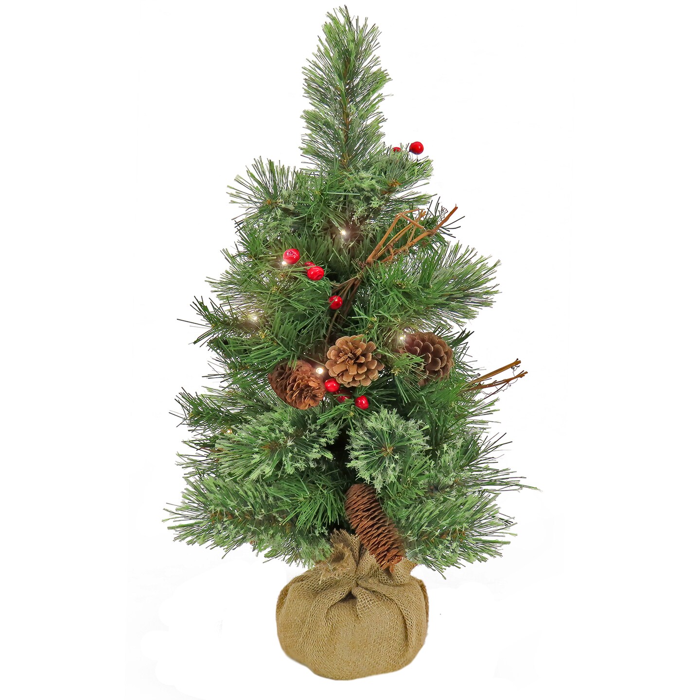 National Tree Company 24&#x22; Glistening Pine Small Tree with Pine Cones, Red Berries, and Twigs in a Burlap Base- 15 Warm White LED Lights- Battery Operated with Timer
