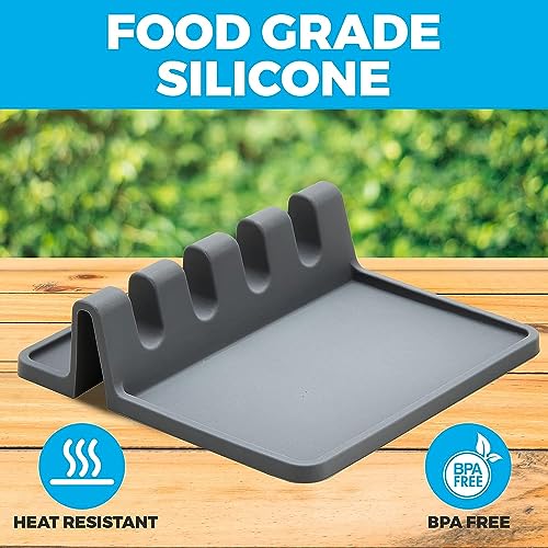Grey Silicone Spoon Rest for Stove Top with Drip Pad (1 Pack) - Heat-Resistant, BPA-Free Utensil Rest &#x26; Spoon Holder for Kitchen Counter - Grill Utensil Holder for Spatulas, Tongs, and kitchenware