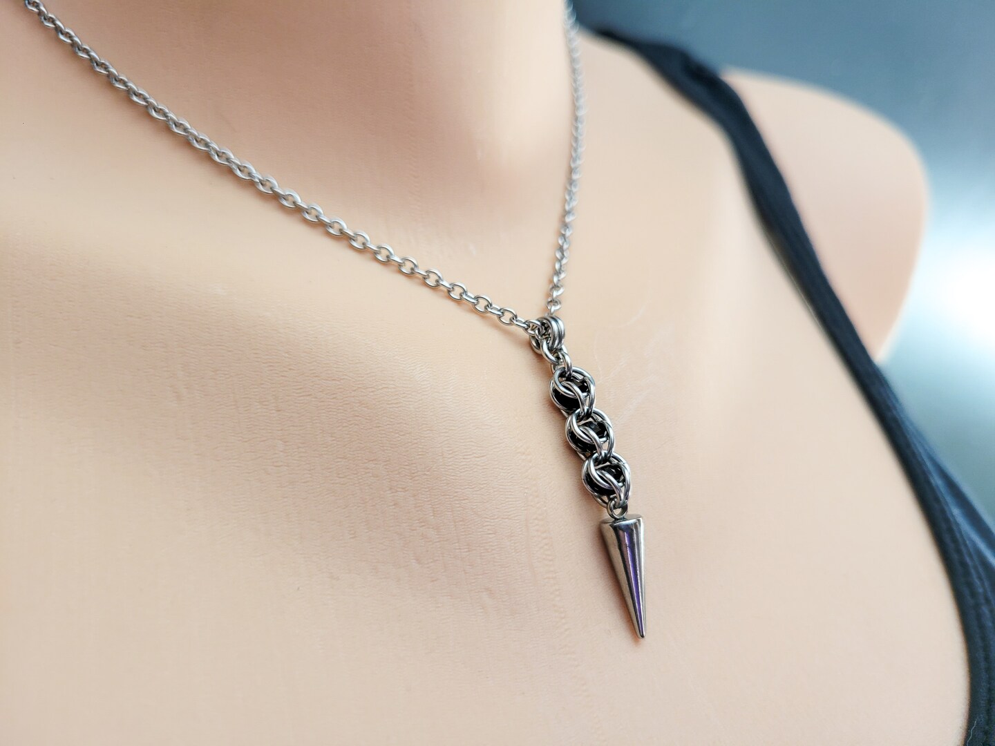 Illusion Spike Pendant, Caged Glass Bead Choker, Chainmaille