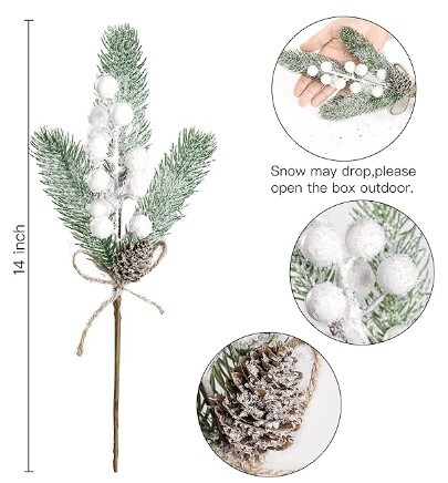 8 Pack Snow Frosted Christmas Berries Pine Picks Artificial White Berry Pine Branches Faux Pine Stem with Pine Cones for Xmas Tree Wreath DIY Craft Floral Arrangement Holiday Decor (White)