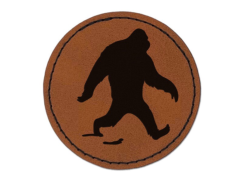 Bigfoot Sasquatch Walking with Footprint Trail Round Iron-On Engraved Faux Leather Patch Applique - 2.5&#x22;