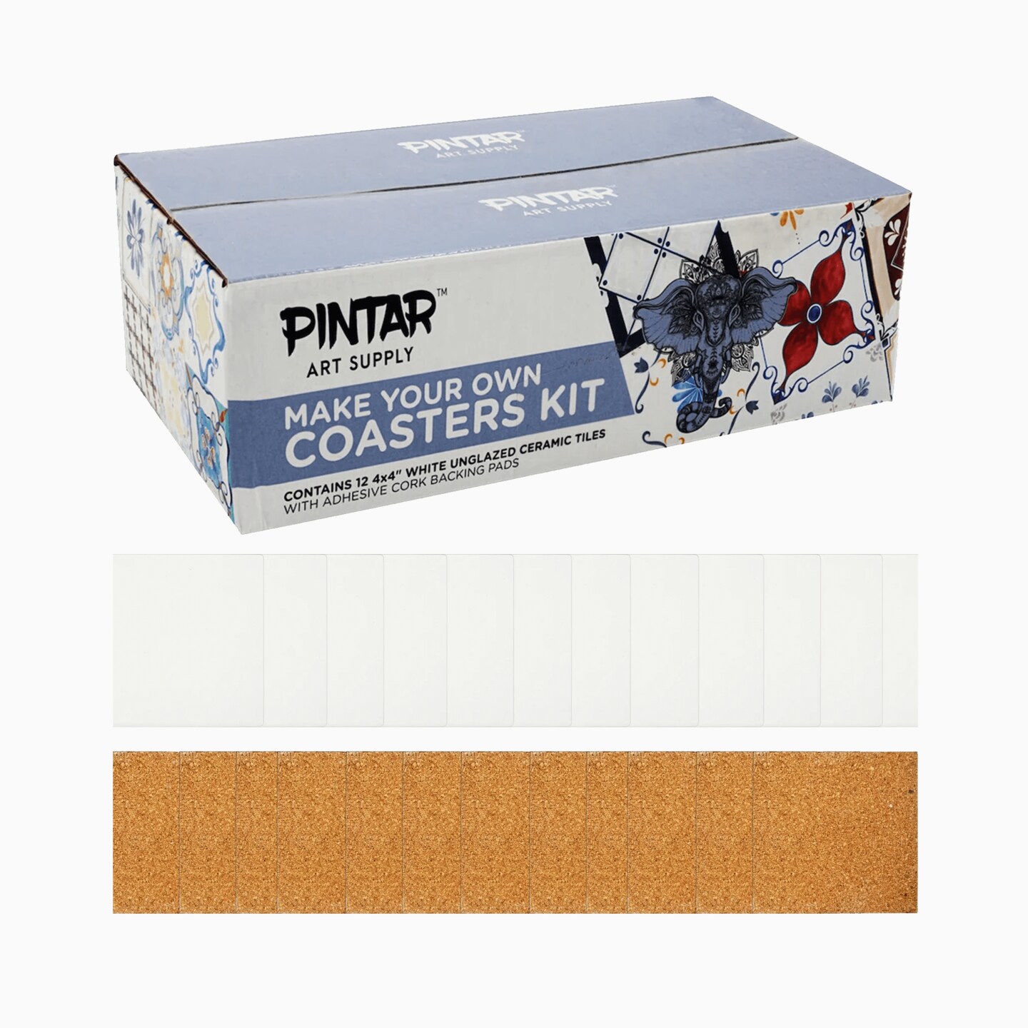 Pintar Make Your Own Coasters Kit | 12 Pack of 4x4&#x201D; White Unglazed Ceramic Tiles with Adhesive Cork Backing Pads, Use with Alcohol Ink, Acrylic Paints