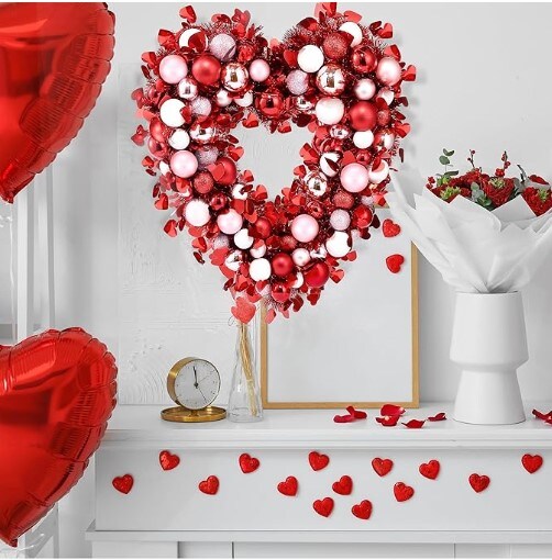 Valentines Day Red Pink White Heart Wreath with Tinsel Red Balls Decorations for Front Door Wedding Party Anniversary Wall Decor Gift Girlfriend Mother&#x27;s Day 17.7&#x27;&#x27; Heart Shaped Wreath
