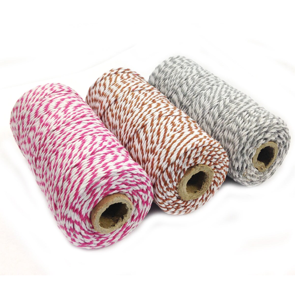 Wrapables Cotton Baker&#x27;s Twine 12ply 330 Yards (Set of 3 Spools x 110 Yards) for Gift Wrapping, Party Decor, and Arts and Crafts (Grey, Brown, Hot Pink)