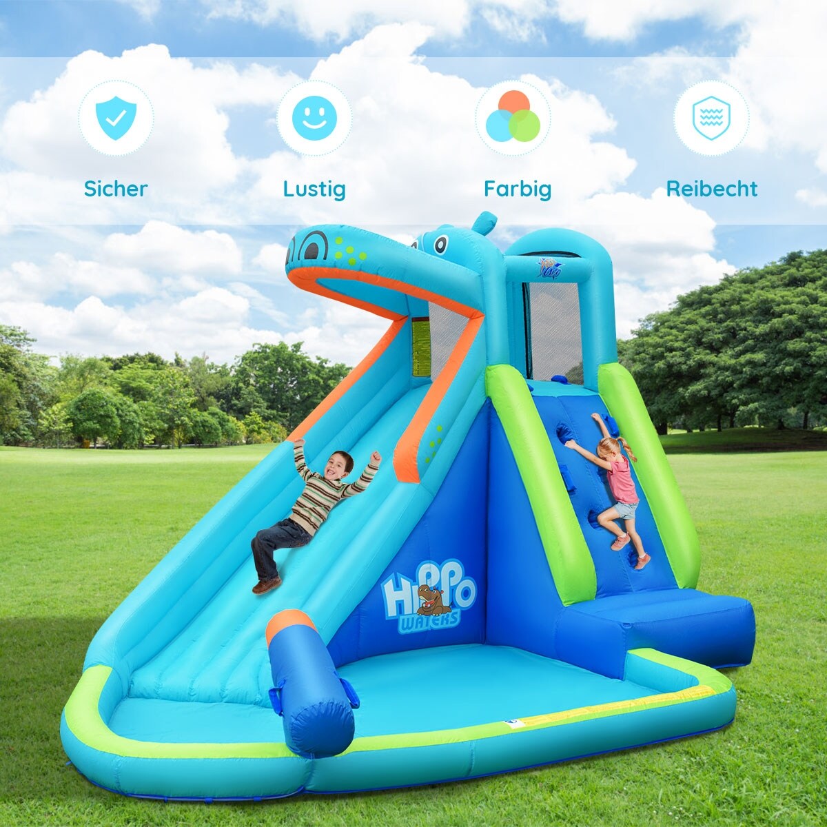 Hippo Inflatable Water Slide Bouncer With Climbing Wall Splash Pool Blue