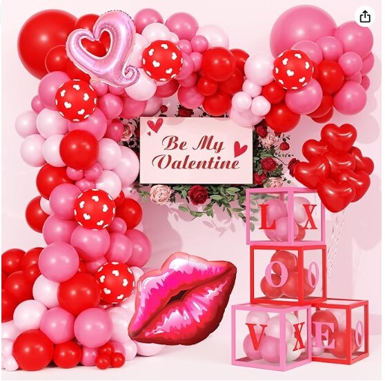 155 Pink Red Valentines Party Decorations &#x26; 4 Letter Balloon Boxes XOXO LOVE Lips Heart for Ladies