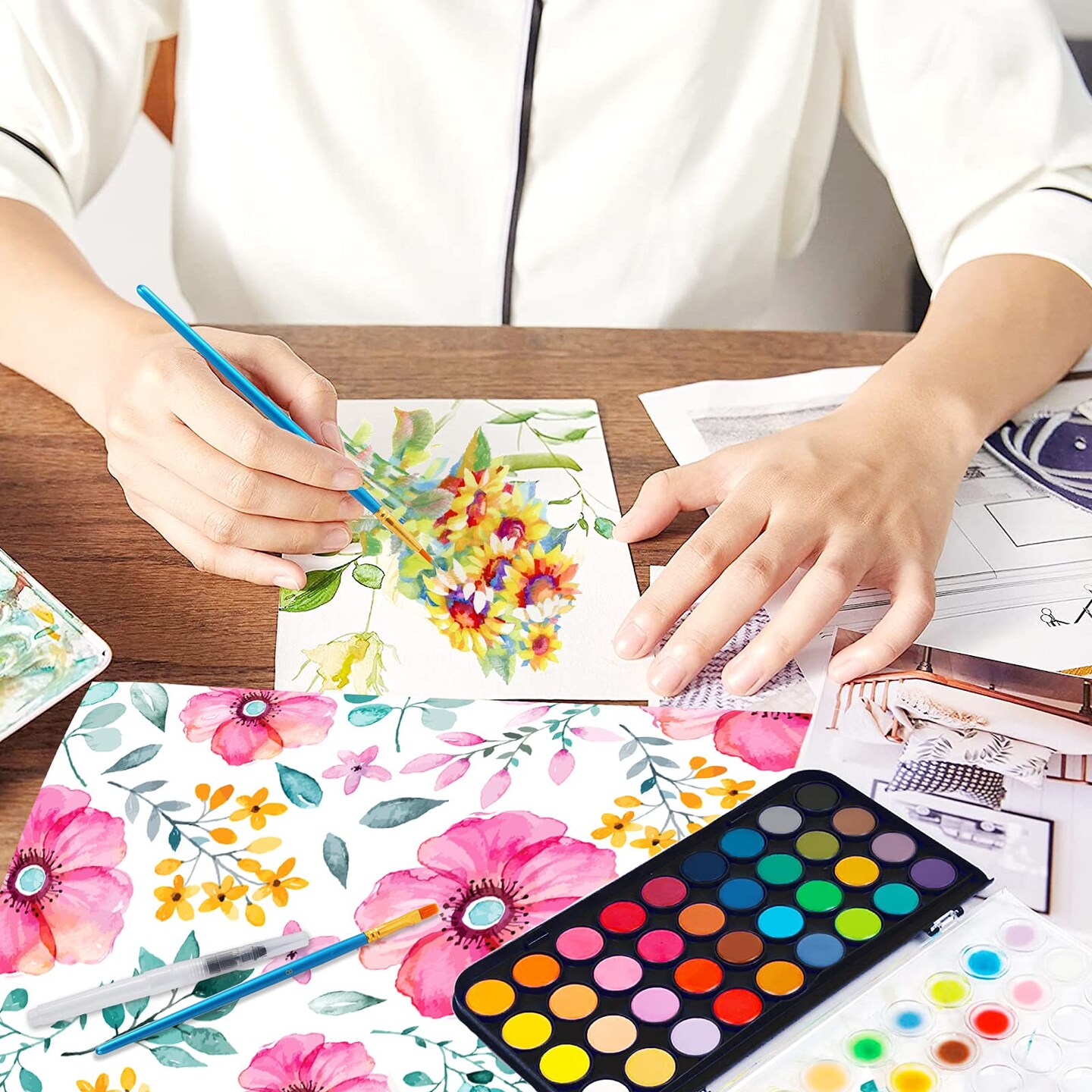 48 watercolor set, Washable Paint Set, 6 Brush, 6 Refillable Water Brush Pen, Drawing Pad, Palette, Watercolor Set for Kids Adults Artist Beginners, Water Color Paint Sets for Kids