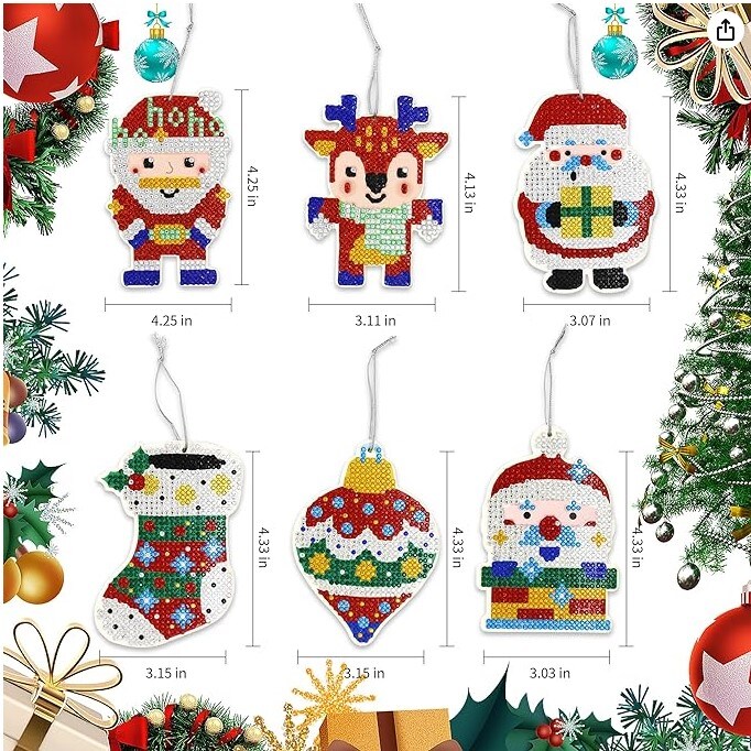 Christmas Diamond Painting Kit, 5D DIY Gem Art Hanging Ornament, Make 6 Xmas Tree Decor Pendants, Santa Claus, Xmas Stocking, Reindeer, Bell, for Holiday Kids Crafts Family Decor