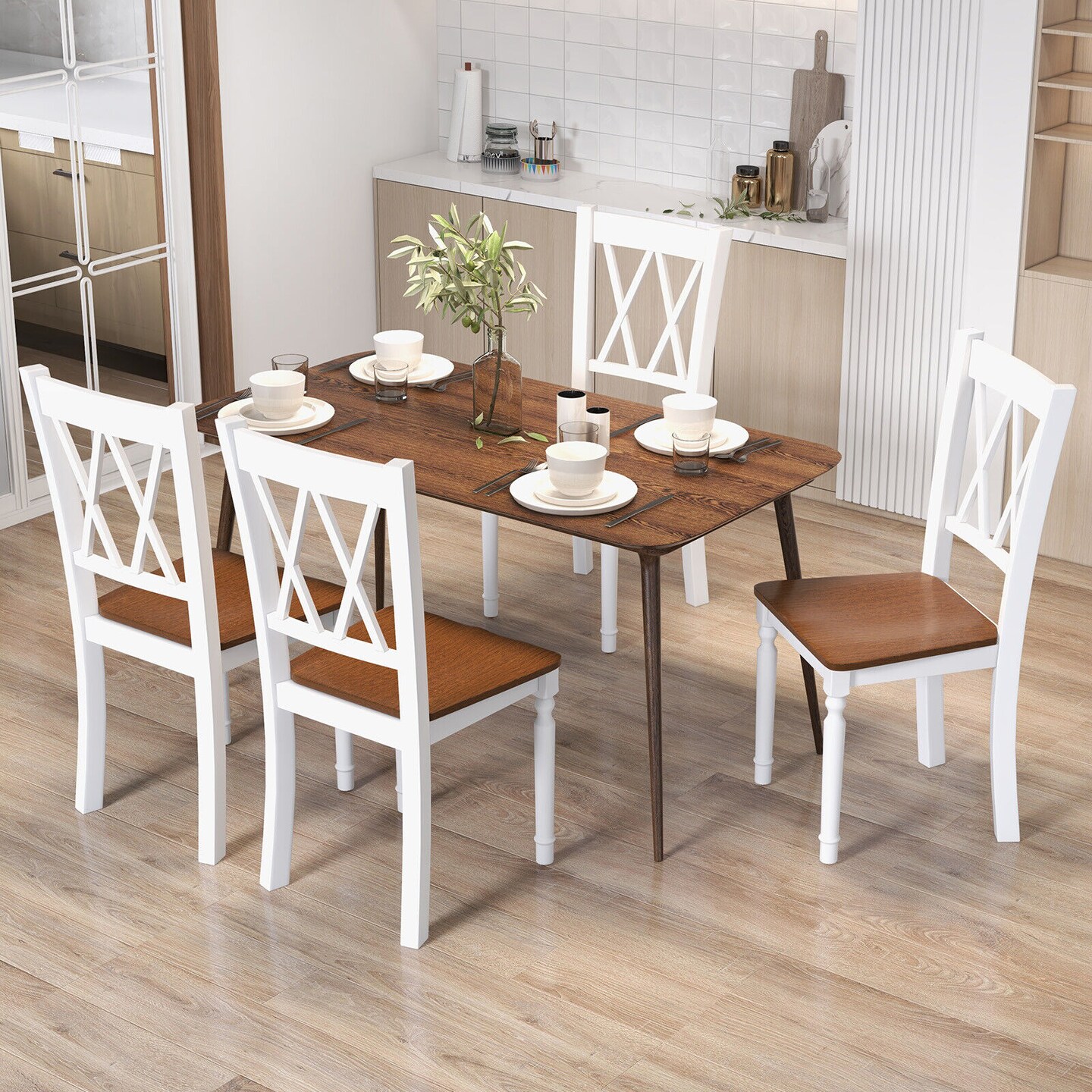 Walnut White Wooden Dining Chair Set 4 Farmhouse Solid Wood Curved Back
