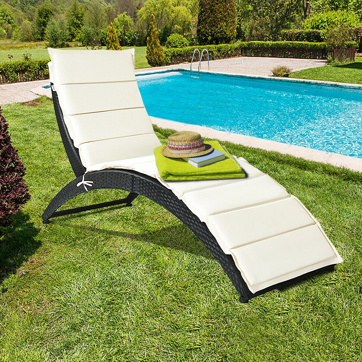 Folding Patio Rattan Portable Lounge Chair Chaise with Cushion