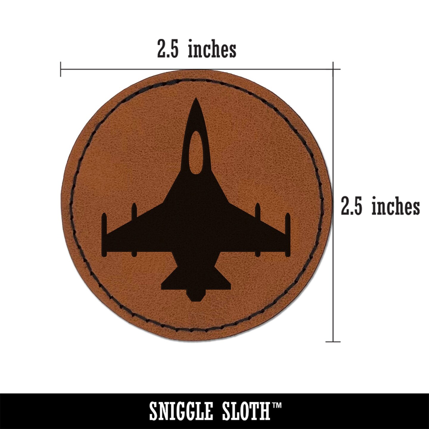Fighter Jet Military Airplane Round Iron-On Engraved Faux Leather Patch Applique - 2.5"