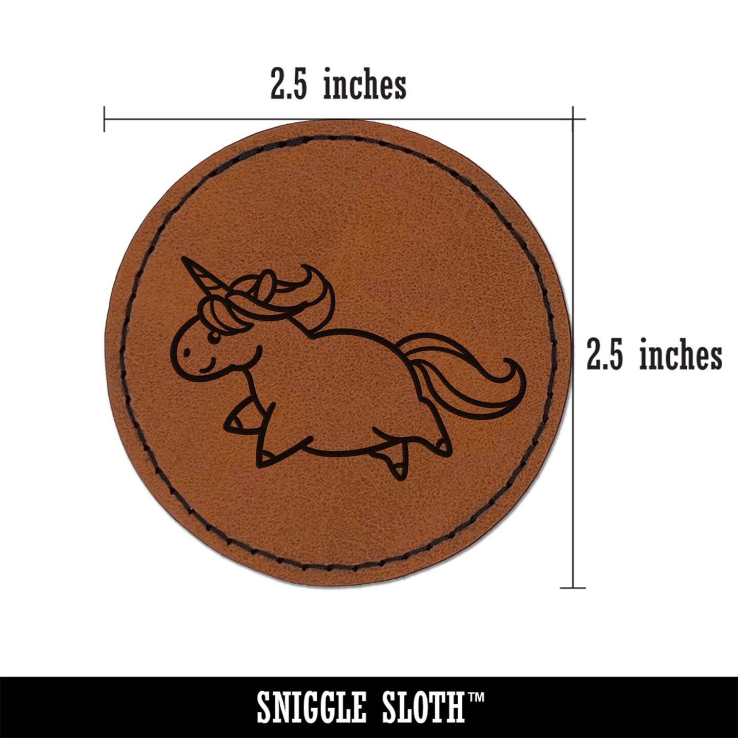 Chubby Unicorn Running Round Iron-On Engraved Faux Leather Patch Applique - 2.5&#x22;