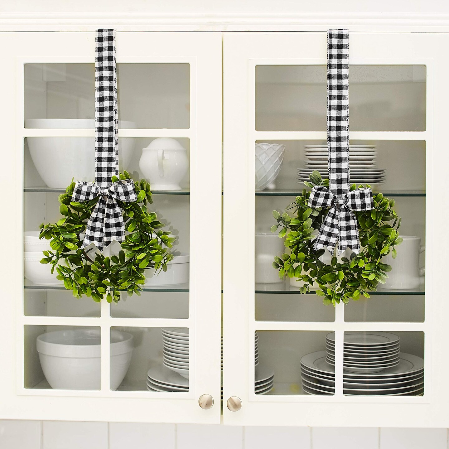LCI Set of 2 Faux Kitchen Cabinet Wreaths 11&#x22; W x 21&#x22; L Each (Black &#x26; White Plaid)