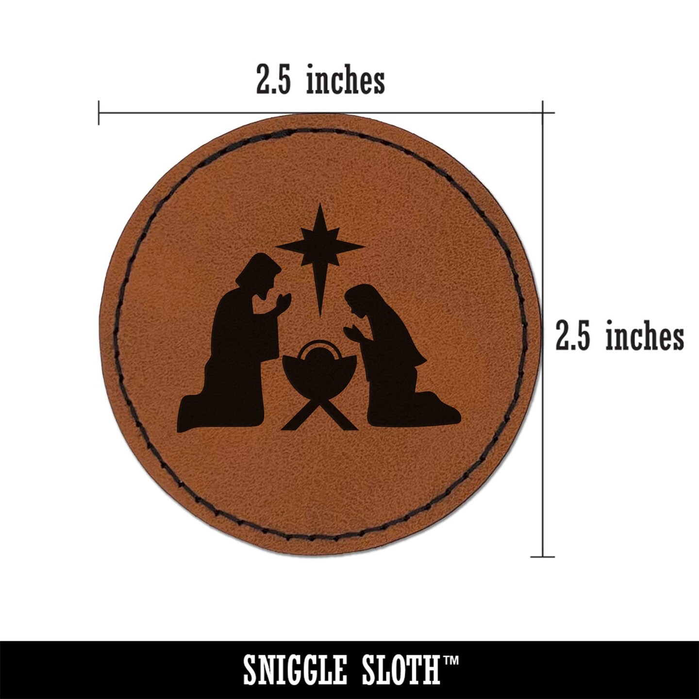 Nativity Scene Silhouette Christmas Baby Jesus Christianity Religious Round Iron-On Engraved Faux Leather Patch Applique - 2.5&#x22;