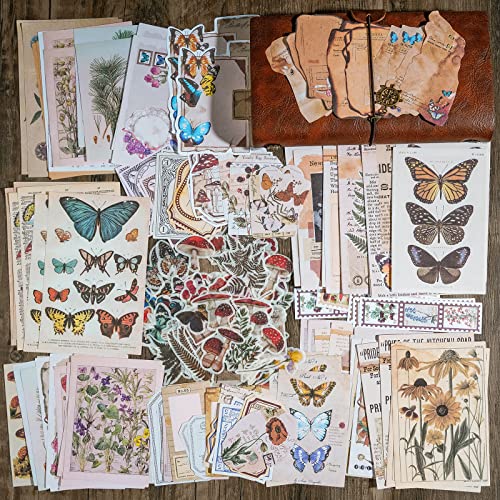 Knaid Vintage Scrapbook Supplies Pack (200 Pieces) for Junk Journal Bullet Journals Planners Botanical Paper Stickers Craft Kits Aesthetic Cottagecore Collage Album (Nature)