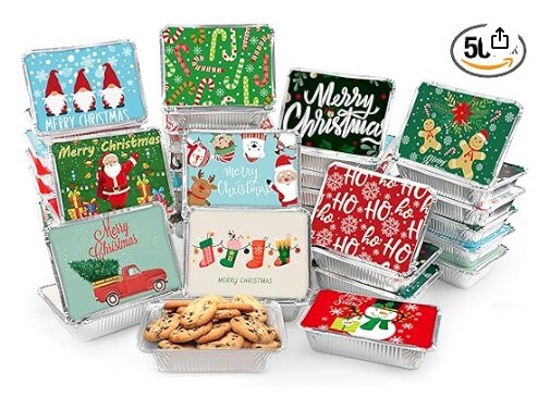 50 PCS Christmas Cookie Tins with Lid, Foil Treat Containers for Holiday Gift Giving and Food Storage -