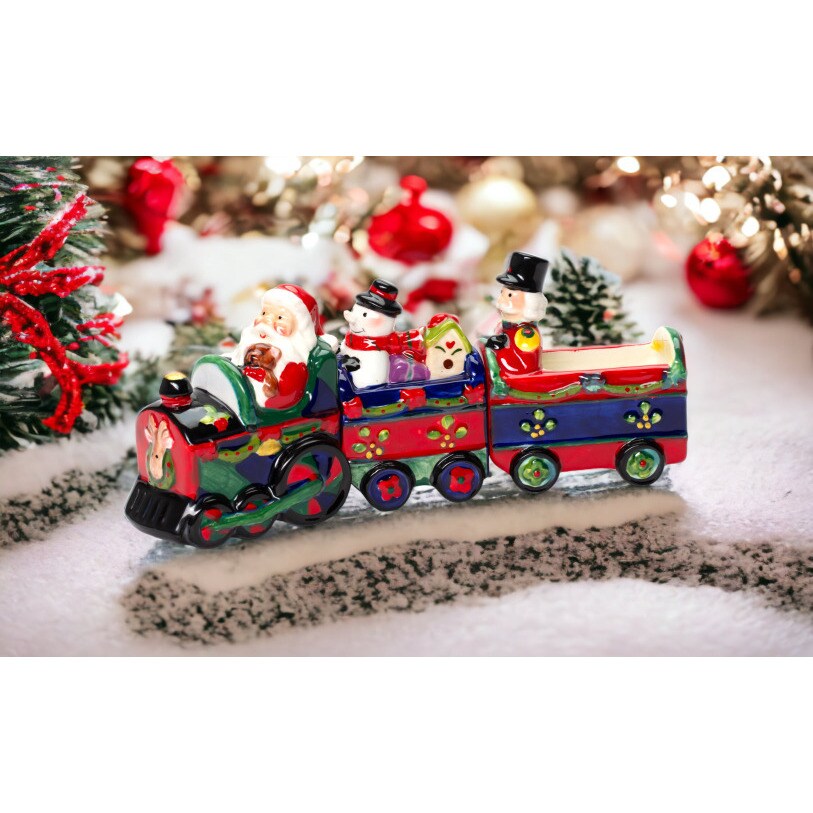 kevinsgiftshoppe Ceramic Christmas Train Salt and Pepper And Box ( Set Of 3 ) Home Decor   Kitchen Decor