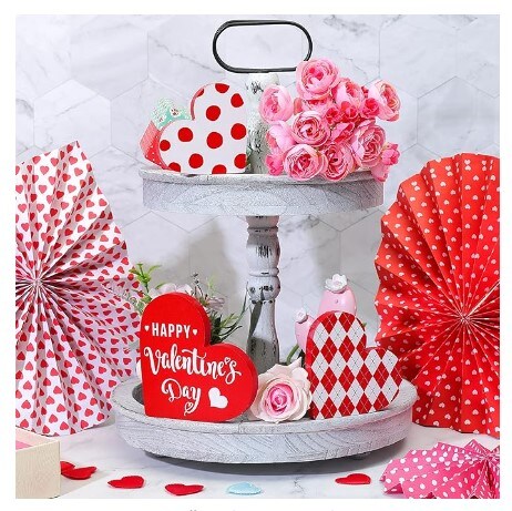 3 Pieces Valentine's Day Wooden Heart Shaped Tiered Tray Decor
