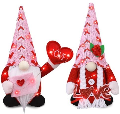 Mrs Heart Gnomes Plush with LED Light String (3 Flashing Modes) for Valentine&#x27;s Day Decoration