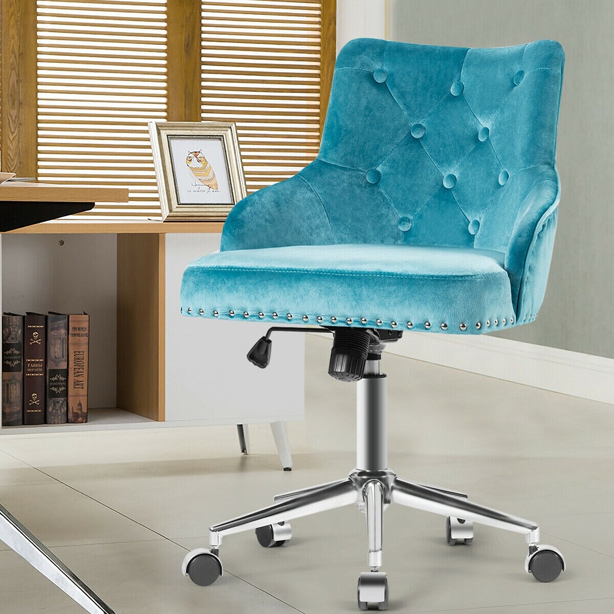 Tufted Upholstered Swivel Computer Desk Chair with Nailed Trim