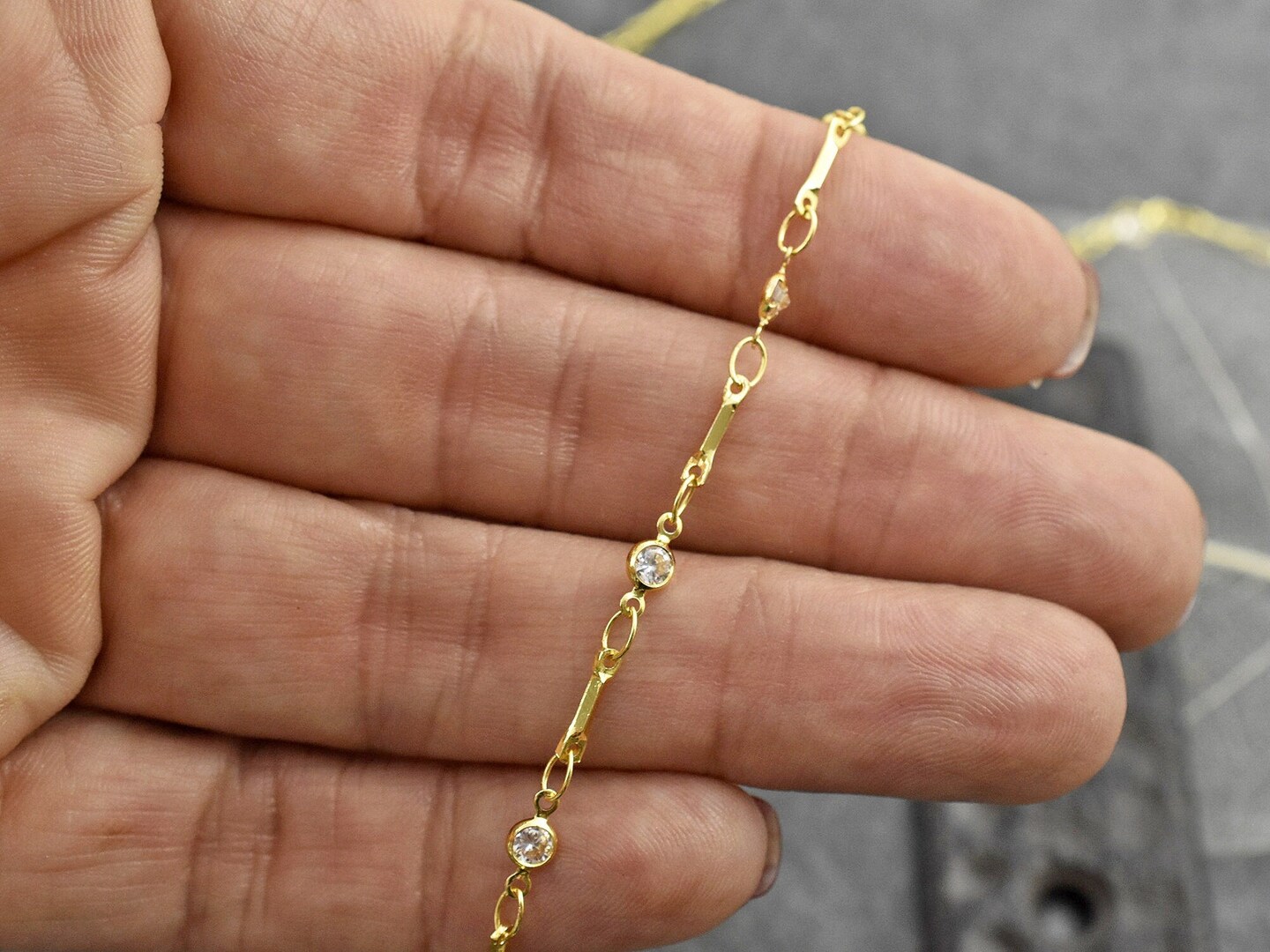 18K Gold Plated Brass Bar Link Rhinestone Chain 8x4x2mm