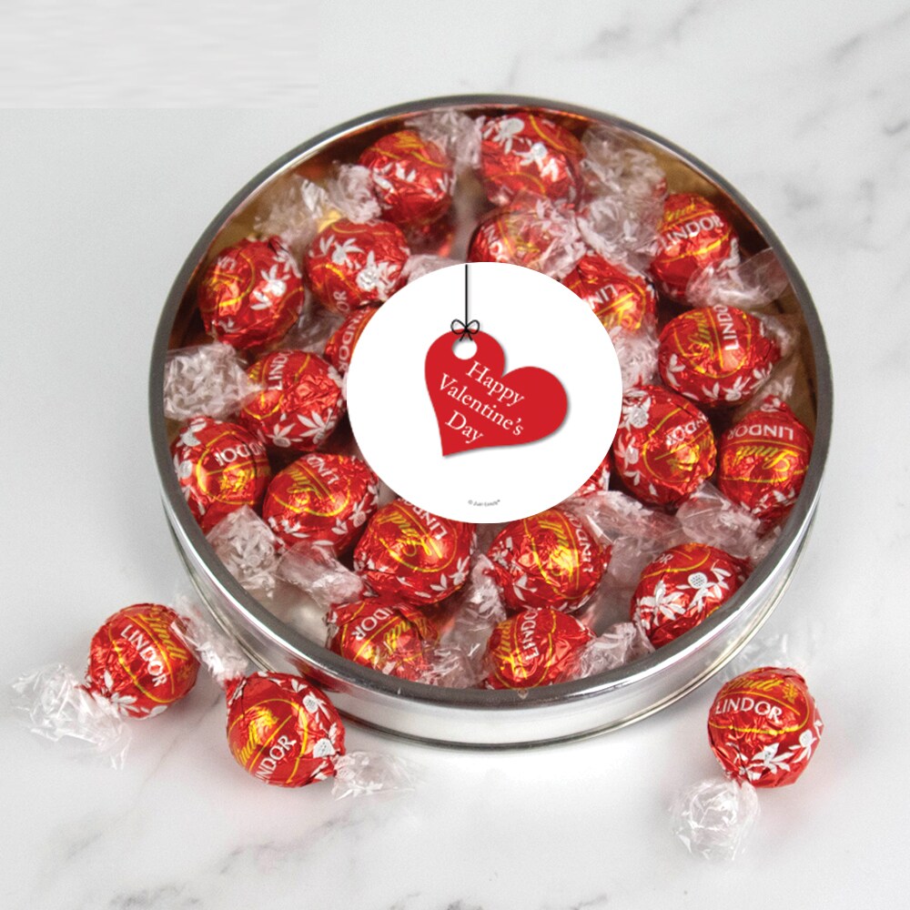 Valentine&#x27;s Day Candy Gift Tin with Chocolate Lindor Truffles by Lindt Large Plastic Tin with Sticker - Hanging Heart