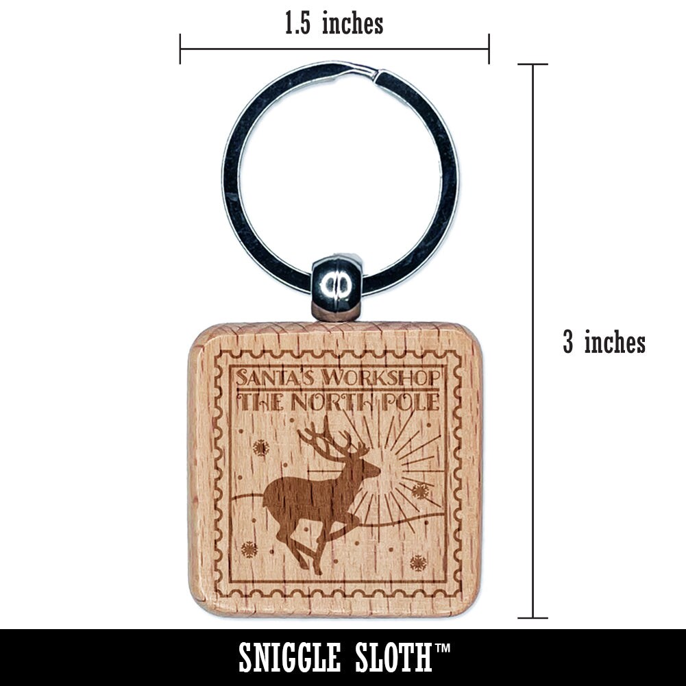 Santa&#x27;s Workshop North Pole Destination Christmas Engraved Wood Square Keychain Tag Charm