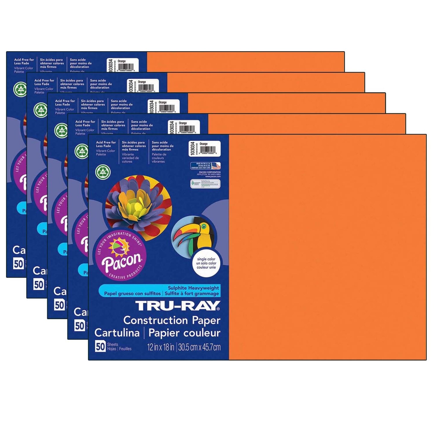 Construction Paper, Orange, 12&#x22; x 18&#x22;, 50 Sheets Per Pack, 5 Packs