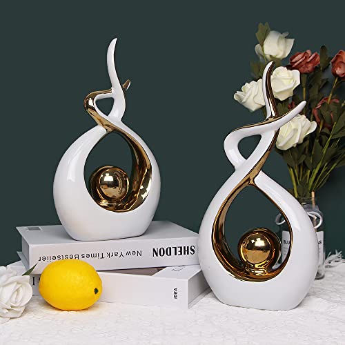 1 Pack Home Decor Modern Abstract Art Ceramic Statue Table Decorations for Dining Room Living Room Office Centerpiece (White and Gold, Small)
