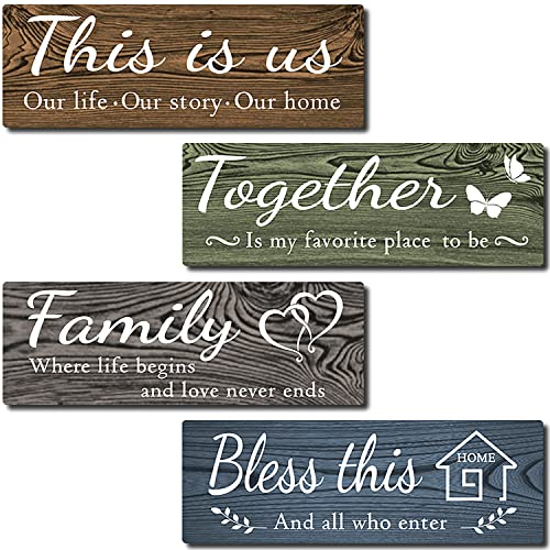4 Pieces Home Wall Decor Signs, This is Us/ Together/ Bless this/ Family Rustic Wooden Wall Art with Quotes for Living Room Bedroom Kitchen Farmhouse Decor,Housewarming Gifts (Brown Green Grey Blue,