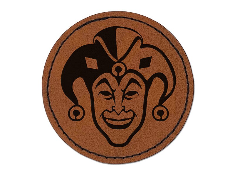 Court Jester Joker Harlequin Round Iron-On Engraved Faux Leather Patch Applique - 2.5&#x22;