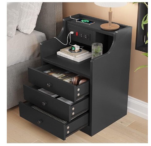 Black bedroom nightstand with charging station, end table with hutch and storage drawers