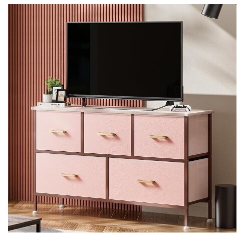 5 Drawers Dresser for Bedroom, Pink Dresser with Fabric Drawers, Chest of Drawers with PU Finish, Metal Handle, Storage Organizer Unit for Closet, Kids Room, Living Room, Tv Stand up to 43&#x27;&#x27;, Pink