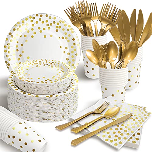 350 Pieces White and Gold Plastic Dinnerware Set, Includes 9" Dinner Plates, 7" Dessert Plates, 9oz Cups, Napkins, Forks, Knives, Spoons