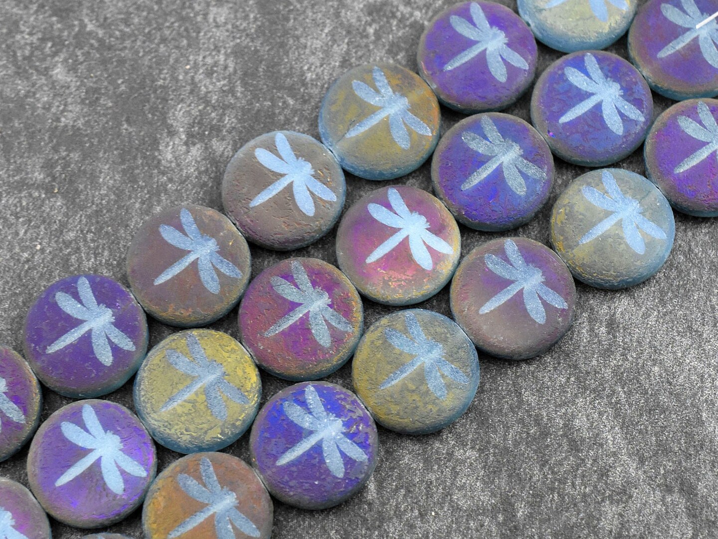 *8* 16mm Acided Etched Matte Crystal Metallic Iris Laser Tattoo Dragonfly Coin Beads