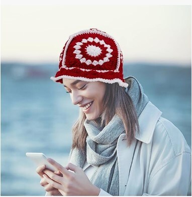 Women's Crochet Bucket Hat,Handmade Flower Knitted Hat,Foldable Floppy Beach Hat Sun Hat,Fashion Winter Crochet Bucket Hat