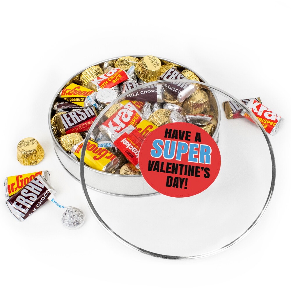 Valentine&#x27;s Day Candy Gift Tin for Kids - Plastic Tin with Hershey&#x27;s Kisses, Hershey&#x27;s Miniatures &#x26; Reese&#x27;s Peanut Butter Cups