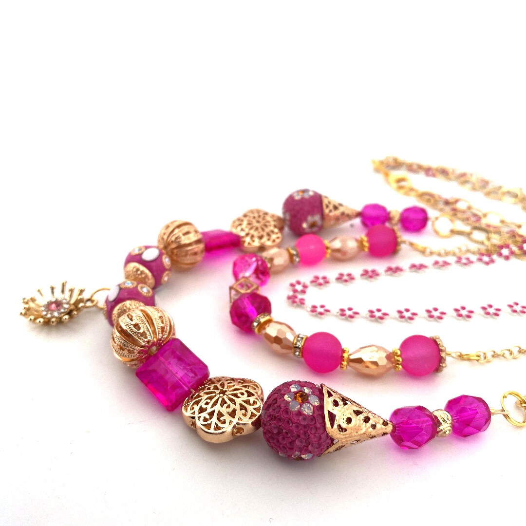 Multi Strand Beaded Hot Pink Necklace, Handmade Unique Jewelry