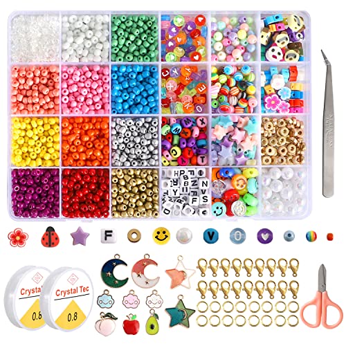 2989 Pieces 4mm Seed Beads for Bracelets Making, Colorful Candy Beads Kids Cute Polymer Letter Spacer Smiley Face Beads Hair Beads for Kids Crafts Pearl Rainbow Bead Girls Jewelry DIY Making Beading Kit